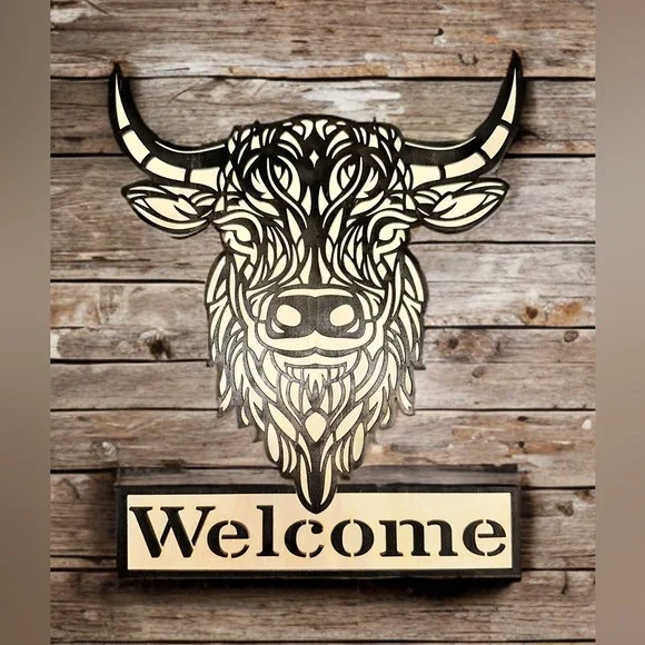 Hand Crafted Highland Cow Welcome Sign - Picture 1 of 1